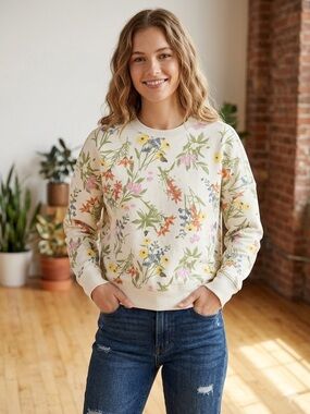 Roots Floral Crewneck Sweatshirt in Cream with Multicolor Blooms